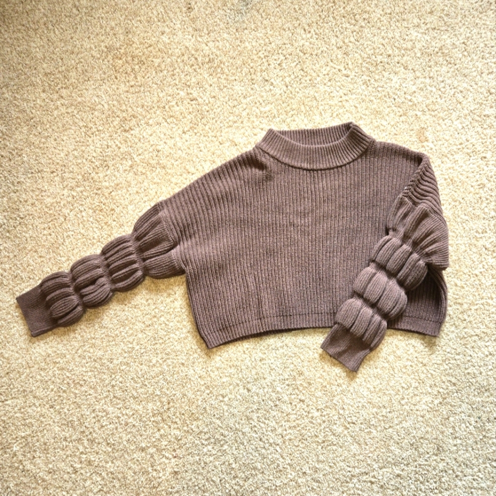 Miou Muse Cropped Sweater with Puffed Sleeves and Mock Turtleneck
